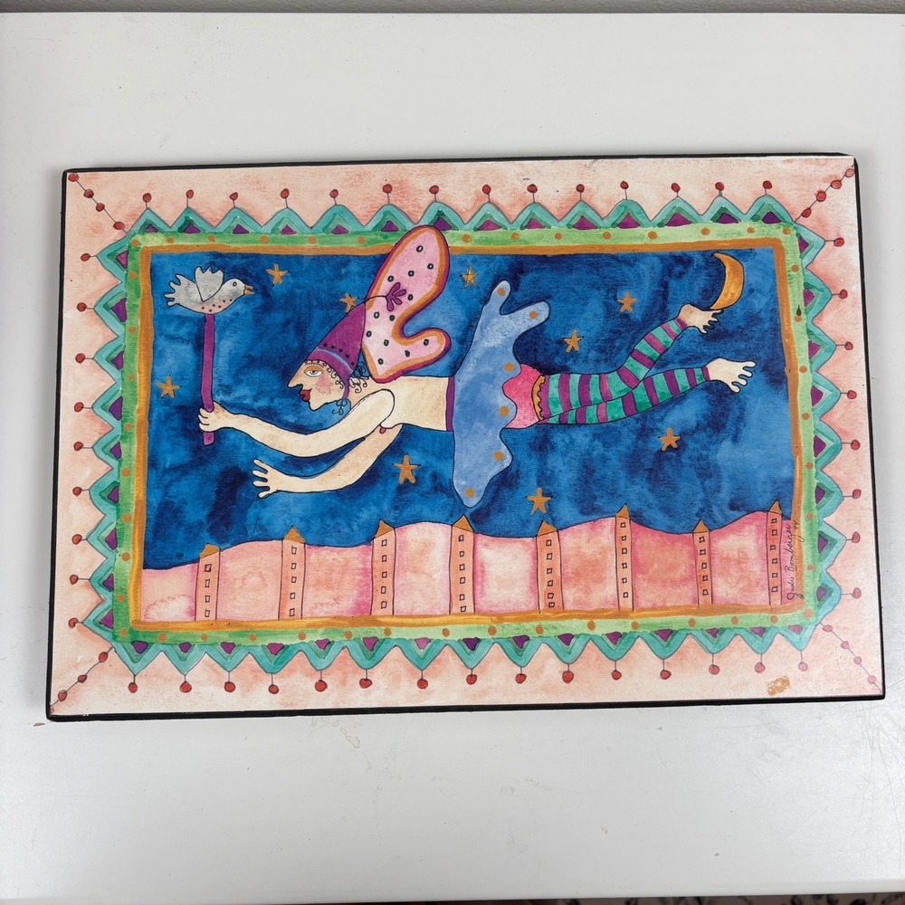 Judi Bomberger Whimsical Flying Fairy Folk Art Print Signed 1994 Night Sky City